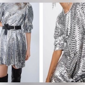 ZARA Silver Sequin Puff Sleeve Mini Dress